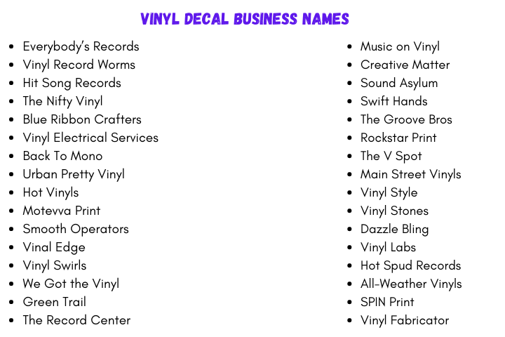 Vinyl Decal Business Names         