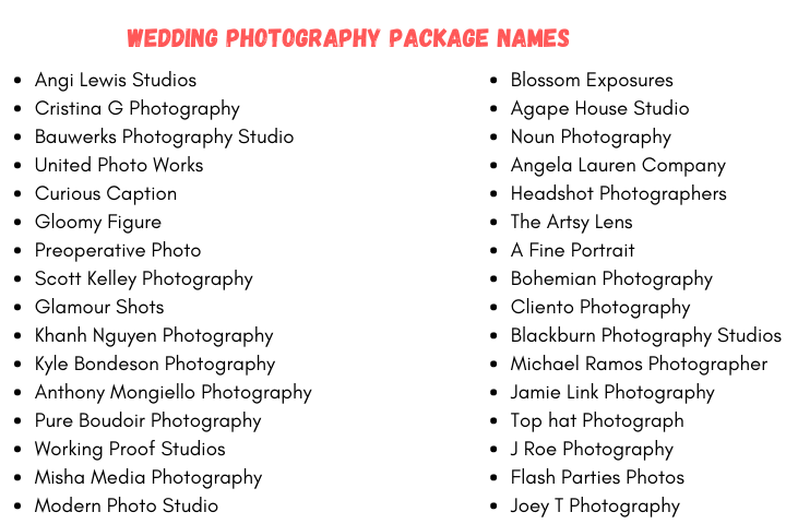 Wedding Photography Package Names