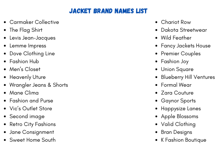 Jacket Brand Names List