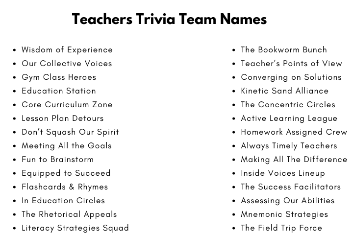 Teachers Trivia Team Names