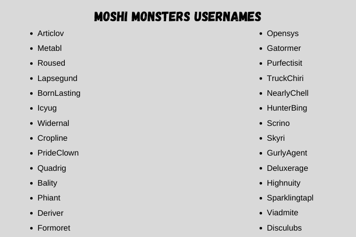 Moshi Monsters Usernames