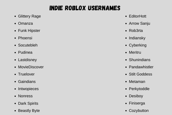 Indie Roblox Usernames